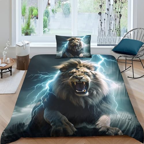 Wütender Löwe 2-Piece Bed Linen Children's Boys Girls Bed Linen 3D Reversible Motif Wild Animals Löwes Duvet Cover Microfibre Reversible Bedding with Pillow Hypoallergener with Zip Single（135x200cm） von MEFESE