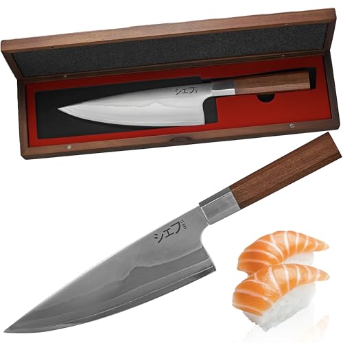 MEG Gyuto Kochmesser, 195 mm, Damast, 7-lagig, Sechskantgriff aus Edelstahl & Rotholz, zertifiziert für den professionellen Gebrauch, Akazienholzbox, ideal als Geschenk MEG Gyuto Kochmesser, 195 mm, Damast, 7-lagig, Sechskantgriff aus Edelstahl & Rotholz, zertifiziert für den professionellen Gebrauch, Akazienholzbox, ideal als Geschenk von MEG