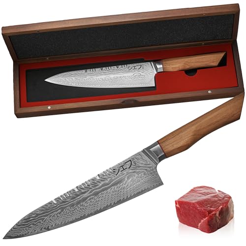 MEG Gyuto Kochmesser, 205 mm, Damast, 73 Schichten, ergonomischer Griff aus Olivenholz, zertifiziert für den professionellen Gebrauch, Akazienholzbox, ideal als Geschenk MEG Gyuto Kochmesser, 205 mm, Damast, 73 Schichten, ergonomischer Griff aus Olivenholz, zertifiziert für den professionellen Gebrauch, Akazienholzbox, ideal als Geschenk von MEG