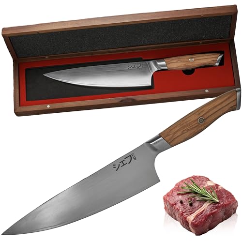 MEG Gyuto Kochmesser, 206 mm, geschmiedet in San Mai, 3-lagig, ergonomischer Griff aus Olivenholz, zertifiziert für den professionellen Gebrauch, Akazienholzbox, ideal als Geschenk von MEG