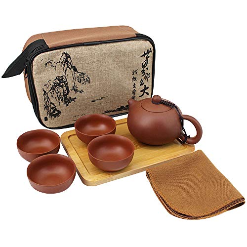 MEGAUK Zisha Kungfu Tee Set, Tragbare Reise lila Ton Teekanne + 4 Teetassen, Handgemachte Chinesische/Japanische Teeservice von MEGAUK