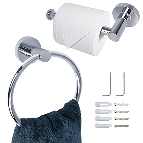 MEGAVOW 2 Stück Handtuchring und Toilettenpapierhalter Set - Wandmontage Edelstahl Badezimmer Zubehör Set von MEGAVOW