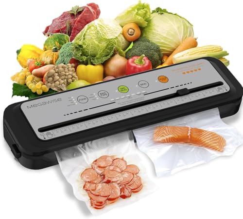 2025 aktualisierte Vakuumiermaschine, MEGAWISE Lebensmittel-Vakuumierer mit Starter-Kit, Modi für trockene und feuchte Lebensmittel mit 10 Vakuumbeuteln (grau) von MEGAWISE