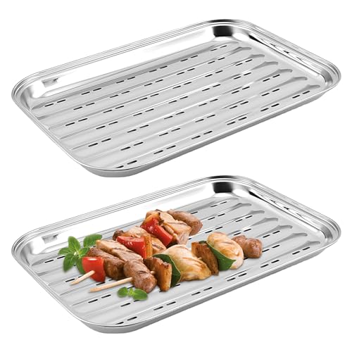 2er-Set Edelstahl Grillschale Auffangschale: 34,5x24x3cm Robuste Grillpfanne aus Edelstahl Wiederverwendbare, Edelstahlgrillschalen für Gas- Elektro- und Holzkohlegrill Spülmaschinenfest Rostfrei von MEGYAD