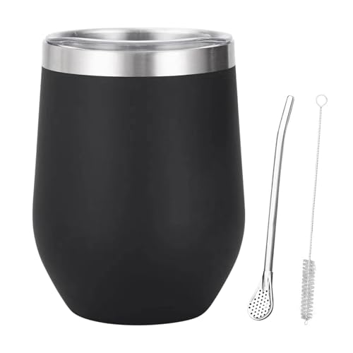 354ML Kaffeetassen Set: 12oz Kaffeebecher Mate Becher Doppelschicht Cappuccino Tassen Tasse Groß mit Strohlöffel und Strohbürste, Isolierung Teetasse Edelstahl für Tee, Milchtee, Milch von MEGYAD