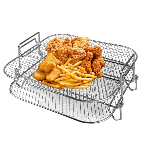 MEGYAD Doppelschicht Airfryer Rost Edelstahl 304 – Quadratisch Air Fryer Tray, 2-Etagen Grillrost für 5-6.8L Heißluftfritteusen, Ofen & Mikrowelle | Spülmaschinenfest & Rostfrei​ von MEGYAD