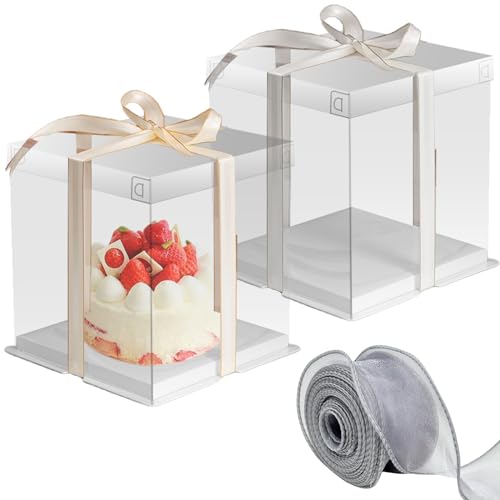 MEGYAD 2 Stück Tortenschachtel Tortenkarton Tortenbox: Geschenkbox Durchsichtig 30 * 30 * 25cm Doppelschicht, Transparente Kuchenbehälter mit Sockel und Band für Geburtstag Dessert von MEGYAD