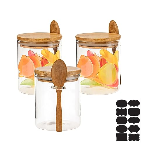 MEGYAD 3 Stück Glasbehälter mit Deckel: Vorratsdosen mit Deckel und Löffel Vorratsdosen Glas mit Deckel, 530ML Aufbewahrungsbox mit Deckel Luftdicht Gewürzgläser Kaffeedose Zuckerdose Etikett Senden von MEGYAD