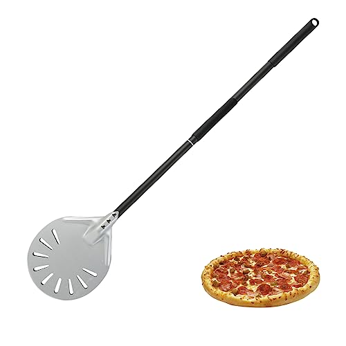 MEGYAD Perforierter Pizzaschieber Rund 6 Zoll: Harteloxierte Pizzaschieber Edelstahl pizzastein 80cm Pizza schieber mit Abnehmbar Verlängertem Silikongriff, Pizzaheber für Hausgemachtes-Brotliebhaber von MEGYAD