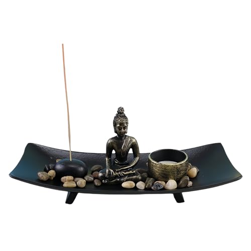 MEGYAD Zen Garten mit Buddha Figur: Buddha Statue Räucherstäbchenhalter Set mit Teelichthalter, Buddha Statue Zen Garten Deko Japanischer Räucherstäbchen Halter für Dekor Entspannung Meditation von MEGYAD