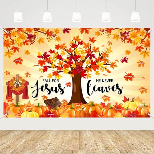 MEHOFOND 1,8 x 1,1 m Fall for Jesus He Never Leaves Hintergrund Kürbis Herbst Banner Ahornblatt Dekoration Christliche Religion Hintergrund Thanksgiving Party Photo Booth Prop von MEHOFOND