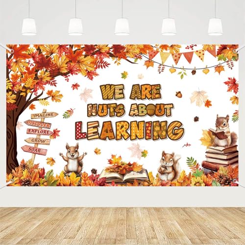 MEHOFOND 1,8 x 1,1 m "We Are Nuts About Learning Backdrop Big Tree Autumn Maple Leaf Decoration Squirrel Book Learning Party Photo Booth Prop von MEHOFOND