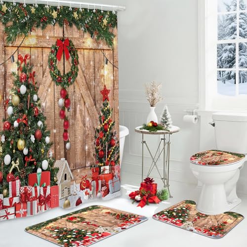 MEHOFOND Duschvorhang-Set mit rutschfesten Teppichen, WC-Deckelbezug und Badematte, Weihnachtsbaum-Duschvorhang-Set, Landhausstil, Vintage, Holz, Scheunentür, Weihnachten, Urlaub, Badezimmer MEHOFOND Duschvorhang-Set mit rutschfesten Teppichen, WC-Deckelbezug und Badematte, Weihnachtsbaum-Duschvorhang-Set, Landhausstil, Vintage, Holz, Scheunentür, Weihnachten, Urlaub, Badezimmer von MEHOFOND