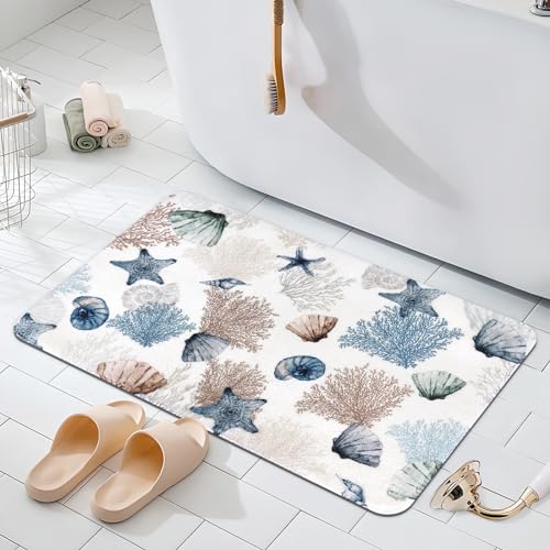 MEHOFOND Nautische Badteppiche, 50,8 x 81,3 cm, Ozean, Seestern, Koralline, Badezimmermatten, rutschfest, marineblau, Strand-Badematten, extra weiche Mikrofaser, Badezimmerteppiche für von MEHOFOND