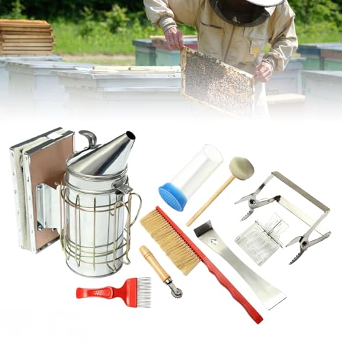 MEHOOSPVN 8-Teiliges Imker-Werkzeug-Set, Imker Smoker, Werkzeuge Zubehör zur Bienenzucht Imkereibedarf für Professionelle Anfänger-Imker, Bienenbürste, Königin Markierungskäfig mit Stößel von MEHOOSPVN