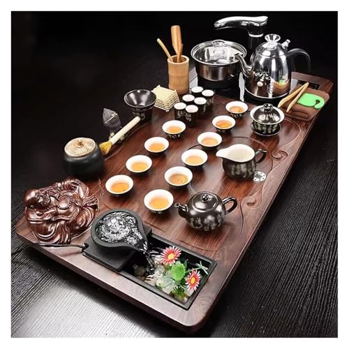 MEHWSAR Kung-Fu-Teeservice for den Haushalt, Teezeremonie-Tisch-Teeservice mit Holz-Teetablett, chinesisches Kung-Fu-Teeservice aus Keramik mit automatischem Warmwasserbereiter(Style-3) von MEHWSAR