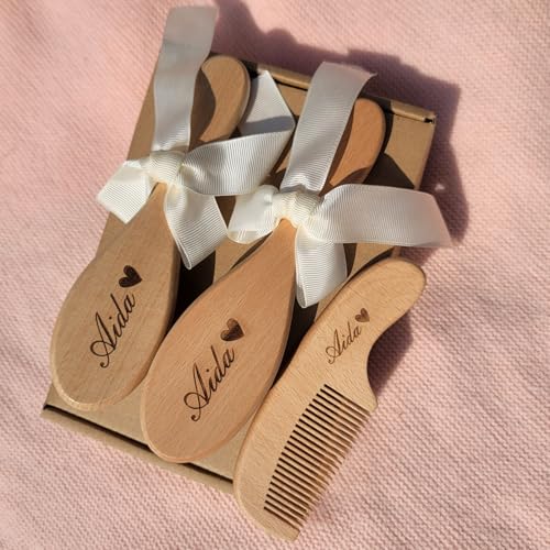 3er Set Baby Haarbürsten Set Mit Gravur, Personalisierte Babybürste Aus Holz, Personalisiertes Neugeborenen Geschenk Mädchen/Jungen, Osterkorbfüller, Taufe(A) von MEIEG