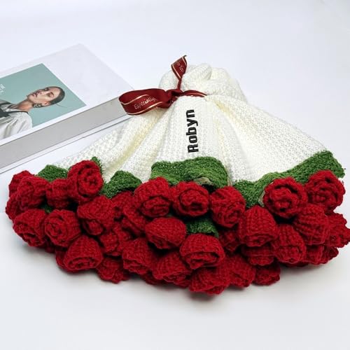 Benutzerdefinierte Rose Bouquet Decke, DIY Romantische Blumen Decken, Handgefertigter Häkelschal Mit Gesticktem Namen, Geschenke zum Valentinstag (Red) von MEIEG