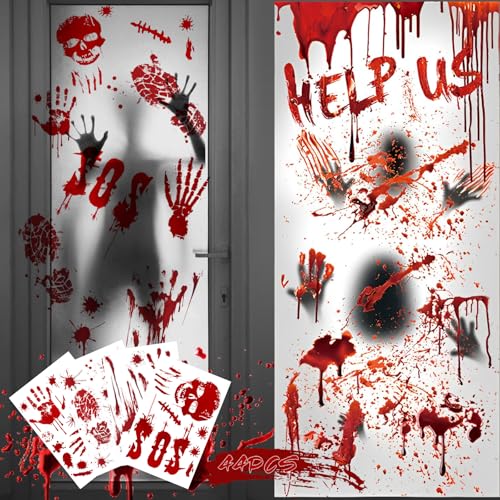 Halloween Dekoration Horror Sticker Poster, Riesen Blutige Handabdrücke Zombie Silhouetten Blutige Fenster Handabdruck Fußabdruck Wiederverwendbar für Halloweenparty Fenster von MEIEGOU