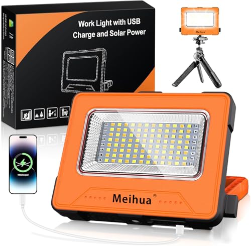 MEIHUA 60W LED Arbeitsleuchte 12000mAh LED Baustrahler Akku Wasserdicht Tragbare Wiederaufladbare Campinglampe 4 Lichtmodi USB oder Solar Aufladung Lampe für Baustelle, Werkstatt, Camping, Notfall von MEIHUA