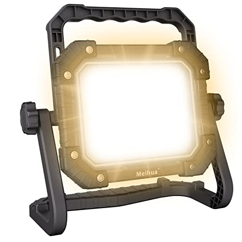 MEIHUA Baustrahler LED Akku 60W 6400LM Baulampe Arbeitsleuchte, IP66 Wasserdicht Tragbar Wiederaufladbare 14000mAh mit Adapter, 4Modi für Werkstatt Baustelle Garage Außen Beleuchtung Camping von MEIHUA