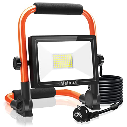 MEIHUA 60W LED Baustrahler 6000LM LED Strahler IP66 Wasserdicht Arbeitsleuchte 3.5M Kabel Flutlicht LED Fluter mit Stecker 6500K Kaltweiß Arbeitsscheinwerfer für Werkstatt Baustelle Garage von MEIHUA