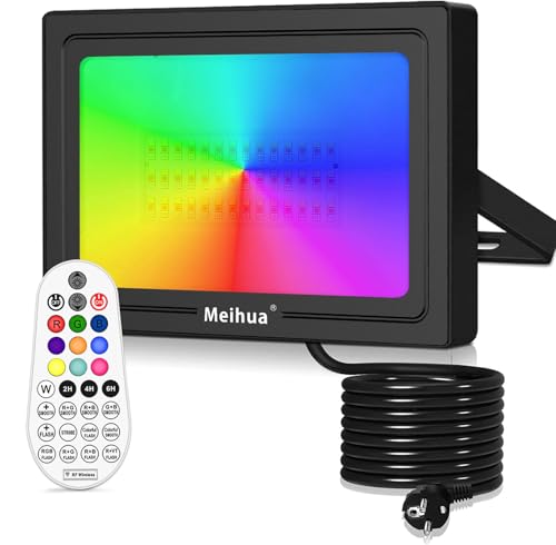 MEIHUA RGB Strahler 60W RGB LED Strahler mit Fernbedienung IP66 Wasserdicht RGB Fluter Farbwechsel Dimmbar 12 Farben 2 Modi mit Timer RGB Outdoor für Garten Baum Landschaft Stimmungslicht von MEIHUA