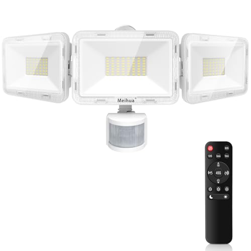 MEIHUA 70W LED Strahler mit Bewegungsmelder Fernbedienung 700-6850LM IP66 Wasserdicht Flutlicht 6500K Drei-Kopf 180°Verstellbar Scheinwerfer für Außen Garten Garage Sportplatz von MEIHUA