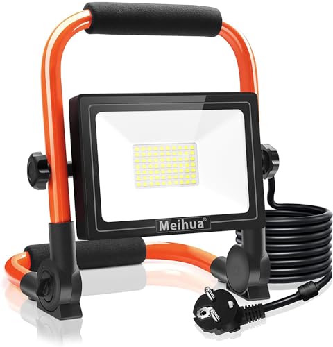 MEIHUA 60W LED Baustrahler 6000LM LED Strahler IP66 Wasserdicht Arbeitsleuchte 3.5M Kabel Flutlicht LED Fluter mit Stecker 6500K Kaltweiß Arbeitsscheinwerfer für Werkstatt Baustelle Garage von MEIHUA