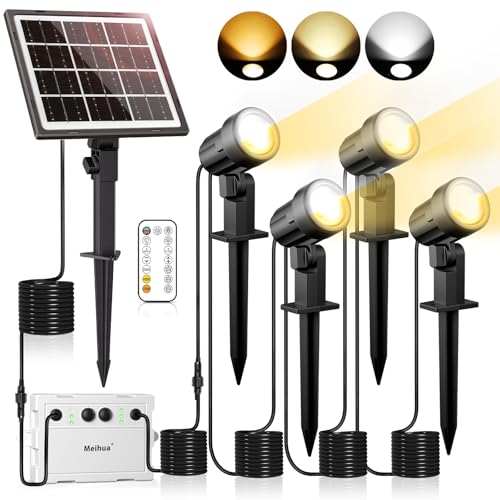 MEIHUA Solar Strahler mit Fernbedienung 2700K 4000K 6500K 3 Helligkeit 2 Dynamische Modi Gartenbeleuchtung IP66 Wasserdichte Gartenleuchten Timer Solarlampen für Außen Garten Bäume Pfade 4 Stück von MEIHUA