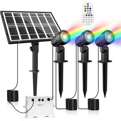 MEIHUA Solar RGB Strahler 3 Stücke RGB Solar Gartenleuchte mit Fernbedienung IP66 Wasserdicht RGB Solarlampen 12 Farben 2 Modi Farbewechsel Dimmbar RGB Außenstrahler für Gärten, Sträucher von MEIHUA