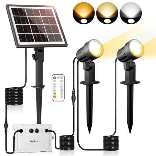 MEIHUA Solarstrahler für Außen 2700K-6000K mit Fernsteuerung 3 Helligkeit Einstellbar 2 Dynamische Modi IP66 Wasserdichte Solarlampen für außen Timer Gartenleuchte für Haus, Sträucher, Bäume 2 Stück von MEIHUA