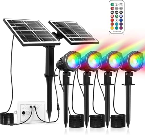 MEIHUA Solar RGB Strahler 4 Stück RGB Solar Gartenleuchte mit Fernbedienung IP66 Wasserdichte 12 Farben 2 Modi Farbewechsel Dimmbar RGB Außenstrahler für Gärten, Sträucher von MEIHUA