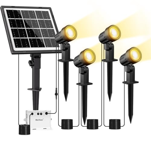 MEIHUA Solar Strahler 4 Stück Solar Gartenleuchte, 2700K Warmweiß IP66 Wasserdichte 5000mAh Solarlampen für außen, 3 Helligkeit 3 Modi einstellbar 14M Kabel für Gärten Sträucher Bäume Terrasse von MEIHUA