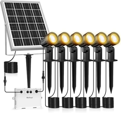 MEIHUA Solar Strahler Solarlampen für Außen 6 Stück 6500K Kaltweißes Licht Solar Gartenleuchte 6000mAh IP66 Wasserdichte mit Erdspieß 3 Helligkeit 3 Modi einstellbar für Gärten Sträucher Bäume von MEIHUA