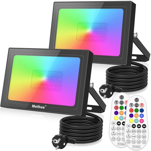 MEIHUA 25W RGB LED Strahler 2 Pack mit Fernbedienung, IP66 Wasserdicht RGB Fluter Farbwechsel 10Farben 12Modi Außenstrahler Flutlicht mit Timer Memory Funktion für DJ Disco Garten Baum Landschaft MEIHUA 25W RGB LED Strahler 2 Pack mit Fernbedienung, IP66 Wasserdicht RGB Fluter Farbwechsel 10Farben 12Modi Außenstrahler Flutlicht mit Timer Memory Funktion für DJ Disco Garten Baum Landschaft von MEIHUA