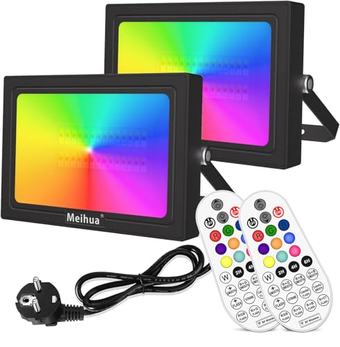 MEIHUA 35W RGB LED Strahler 2er mit Fernbedienung Außenstrahler IP66 Wasserdicht Farbewechsel Dimmbar Flutlicht 12 Farben Multifunktion mit Timer für Baum Garten DJ Home Party Weihnachtsdekoration von MEIHUA