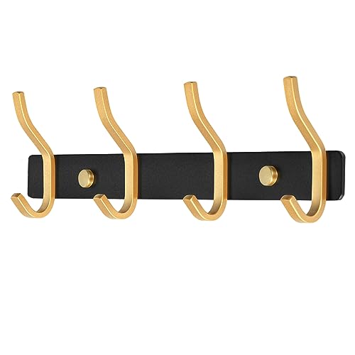 MEIJO Garderobenhaken Edelstahl, Hakenleiste Kleiderhaken Wand mit 4 Haken, Garderobe Garderobenleiste Wandgarderobe für Schlafzimmer Bad Küche (Schwarz & Golden, 4 Haken) von MEIJO