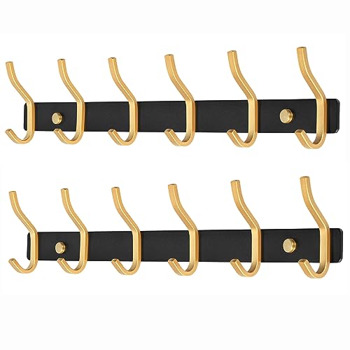 MEIJO Garderobenhaken Edelstahl, Hakenleiste Kleiderhaken Wand mit 6 Haken, Garderobe Garderobenleiste Wandgarderobe für Schlafzimmer Bad Küche (Schwarz & Golden, 6 Haken 2 Stück) von MEIJO