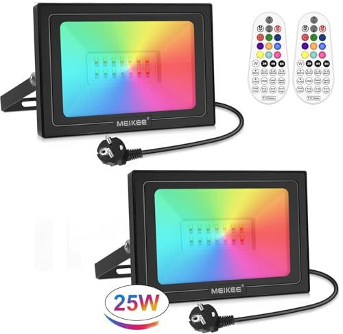 MEIKEE 25W RGB Strahler Mit Fernbedienung 2 Modi 12 Farben Memory-Funktion RGB Fluter IP66 Wasserdicht 6 Helligkeitsstufen Bar Party Disco Feiern Bühne Häuser Weihnachten Halloween 2PCS von MEIKEE