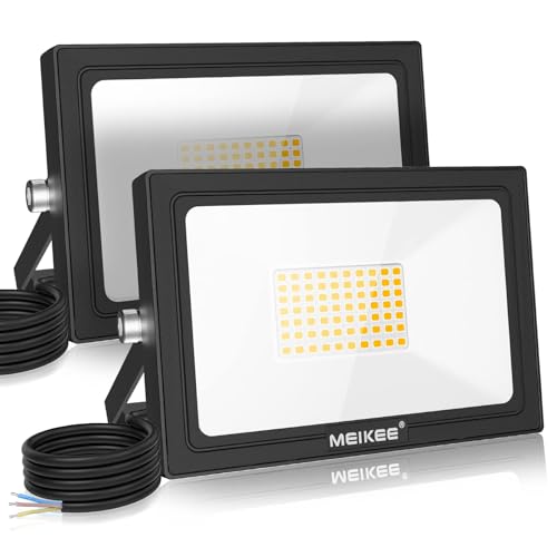 MEIKEE 60W LED Strahler Außen 2700K Warmweiß 5200LM Superhell LED Fluter IP66 Wasserdicht Scheiwerfer Außenstrahler für Garten, Hinterhof, Auffahrt, Türen, Garage, Flur 2 Stücke von MEIKEE
