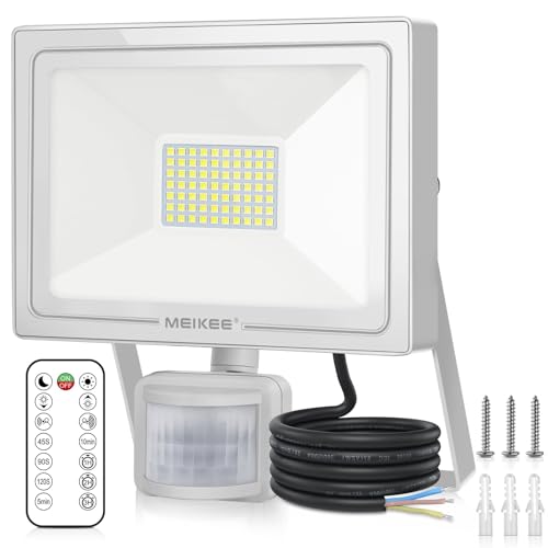 MEIKEE 60W LED Strahler mit Bewegungsmelder 5640 LM 6500K Kaltweiß Superhell 10 Helligkeitsstufen 3 Modi LED Fluter Weiß IP66 Wasserdicht Scheinwerfer ideale für Garten, Garage, Sportplatz von MEIKEE