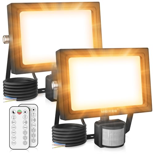 MEIKEE 60W LED Strahler mit Bewegungsmelder Fernbedienung 5200 LM 2700K Warmweiß 3 Modi 10 Helligkeitsstufen Außenstrahler LED Fluter IP66 Wasserdicht Scheinwerfer für Garten Garage Sportplatz 2PCS von MEIKEE
