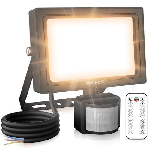 MEIKEE 60W LED Strahler mit Bewegungsmelder Fernbedienung 600-5200 LM 2700K Warmweiß Außenstrahler LED Fluter IP66 Wasserdicht Scheinwerfer Außenleuchte für Garten Garage Sportplatz von MEIKEE