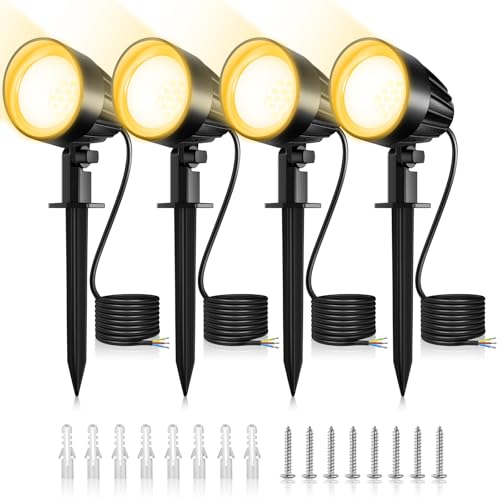 MEIKEE 7W Gartenbeleuchtung mit Erdspieß Warmweiß 500LM 2700K Gartenstrahler LED Erdspieß IP66 Wasserdicht Gartenleuchten mit Strom für Außen Garten Rasen 4 Stück Ohne Stecker von MEIKEE
