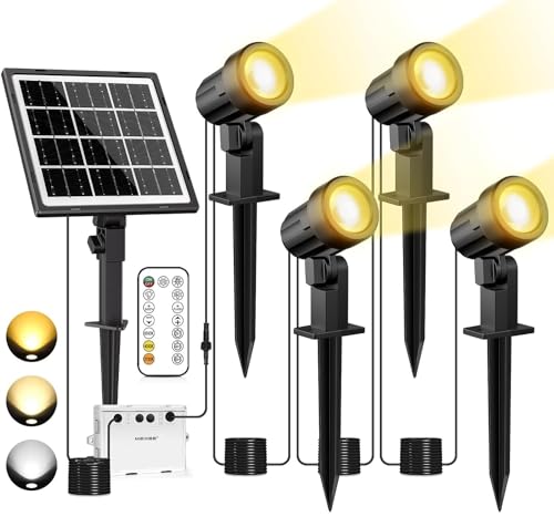 MEIKEE Solarstrahler für Außen 4 Stück mit Fernbedienung Solarlampen für Außen 2700K 4000K 6000K 3 Helligkeitsstufen IP66 Wasserdichte Solarleuchte für Gärten, Sträucher und Bäume von MEIKEE