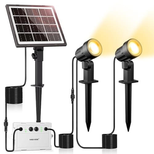 MEIKEE Solar Strahler 2 Stück 2700K Warmweiß Gartenbeleuchtung Solar mit Erdspieß IP66 Wasserdicht 3 Helligkeit 2 Modi 3000MAH Gartenleuchten für Außen Garten Rasen Terrasse Baum von MEIKEE