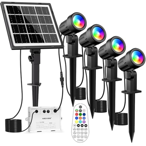 MEIKEE Solar Strahler RGB+Weiß Gartenbeleuchtung Solar 10 Farben 30 Zyklusmodi 2 Helligkeit Timer Solarleuchte Dusk to Dawn IP66 Wasserdicht Gartenleuchten für Außen Garten Baum Teich Rasen 4 Stück von MEIKEE
