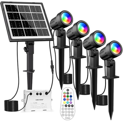 MEIKEE Solar Strahler RGB mit Fernbedienung 4 Stück Gartenbeleuchtung Solar 12 Zyklusmodi Speicherfunktion Timing-Funktion IP66 Wasserdicht Solar Gartenleuchten für Außen Garten, Pfad, Baum und Balkon von MEIKEE