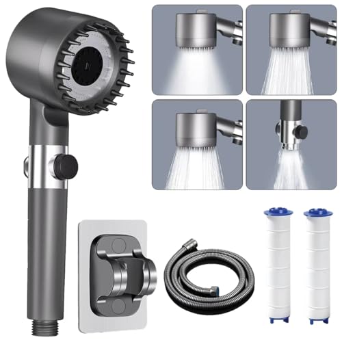 Duschkopf mit Schlauch, Duschbrause mit Filter, Duschkopf Wassersparend, Druckerhöhend Handbrause mit 4 Wasserstrahlarten, Grau Filter Shower Head Grau4 von MEILAN